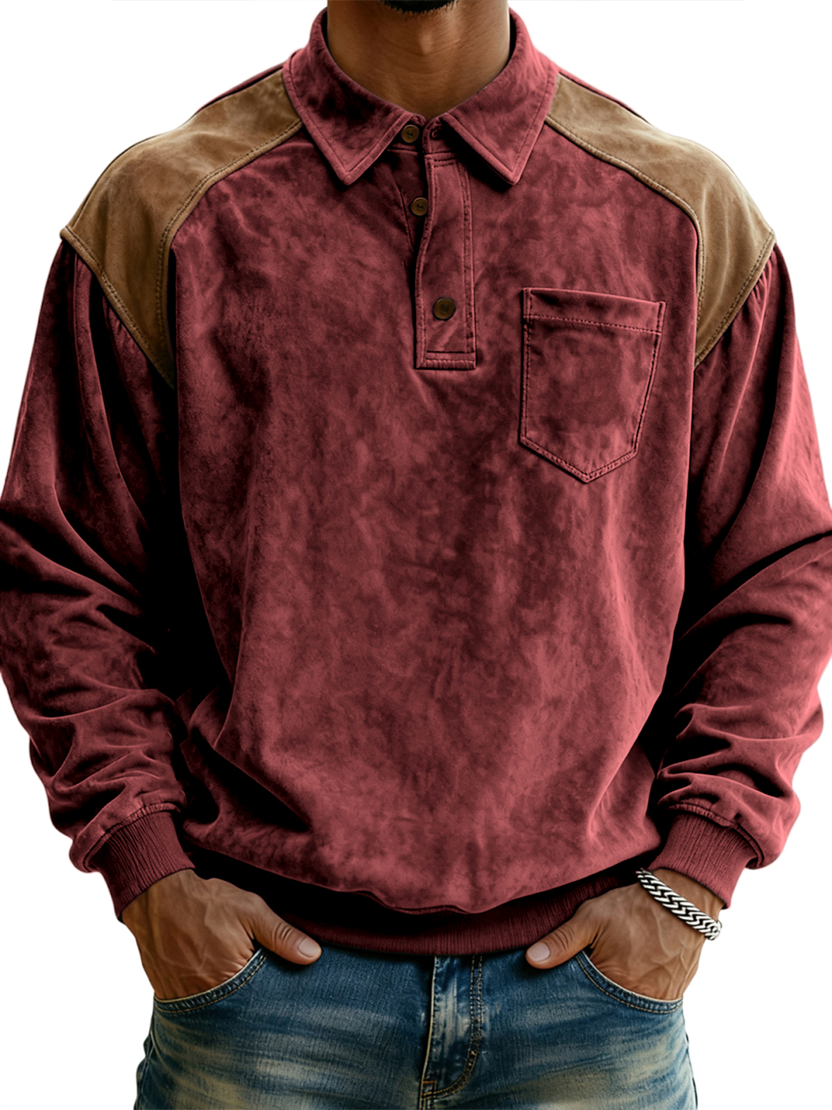 Men's Vintage Polo Sweatshirt with Contrast Suede Shoulders