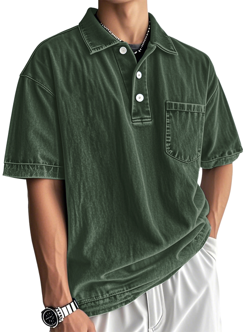 Men's Washed And Distressed Cotton Vintage Casual Polo Shirt