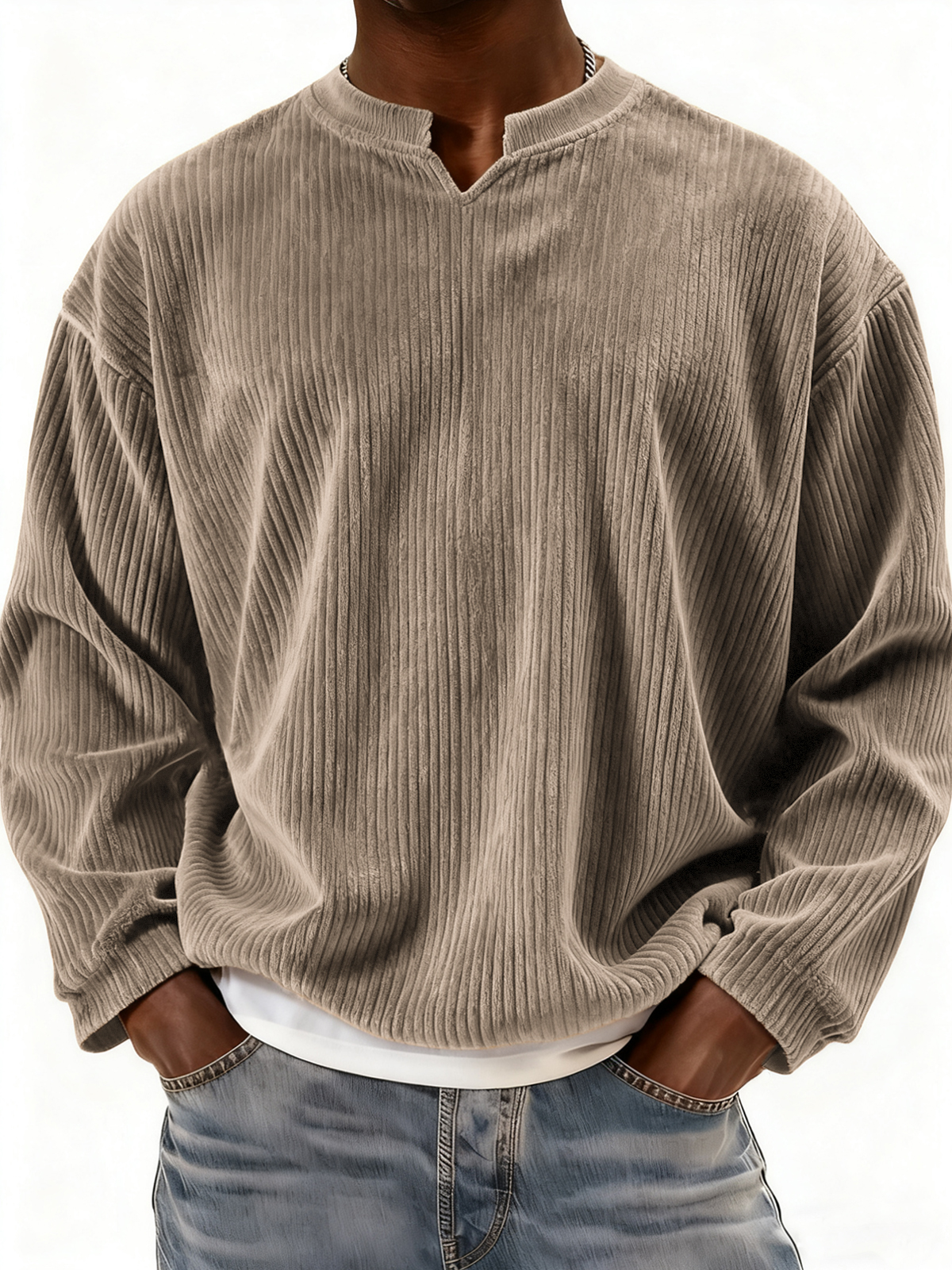 Men's V-neck Notch Neck Stylish Corduroy Long-sleeved Pullover