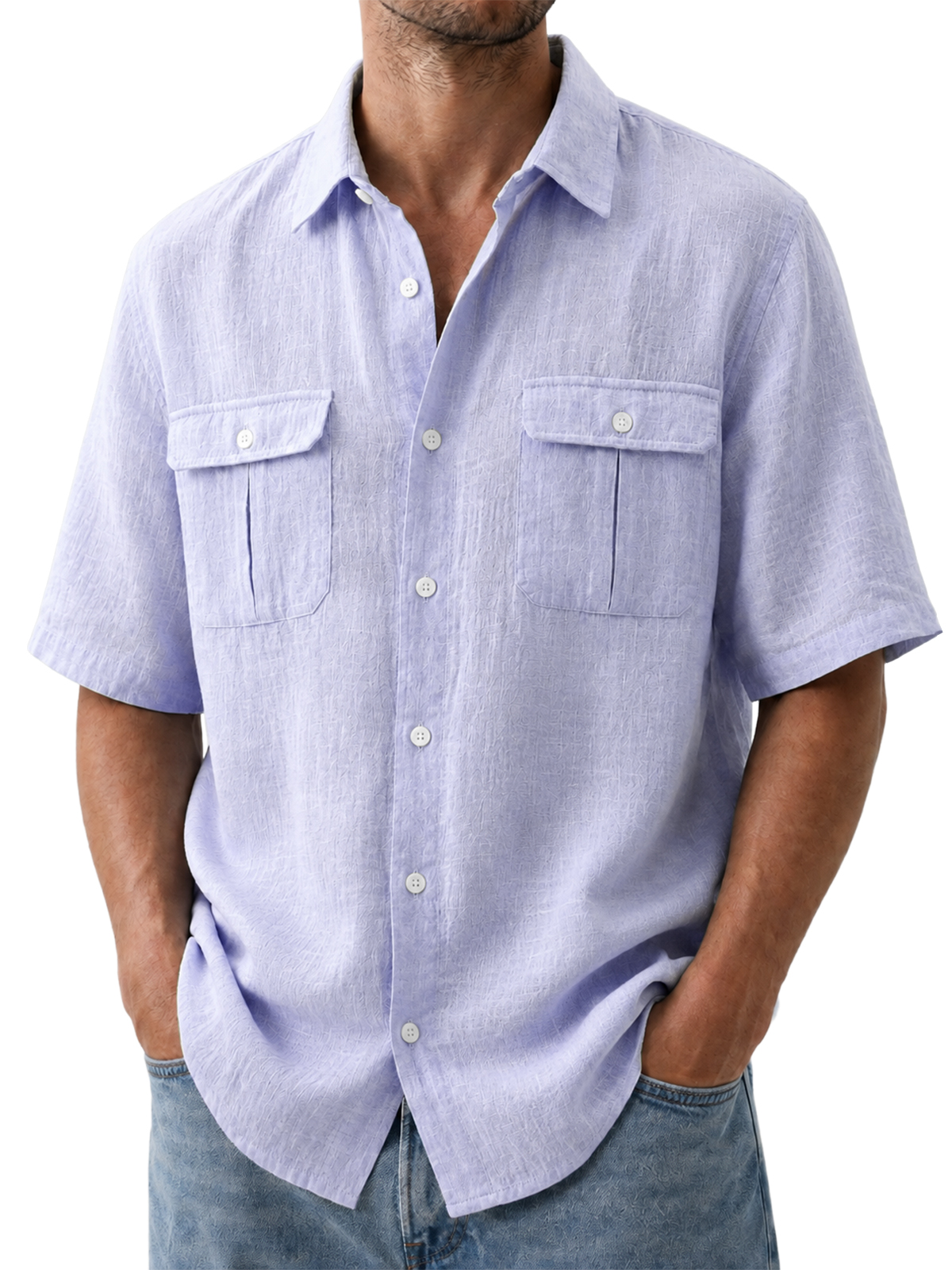 Men's Double Pocket Cotton Linen Casual Short Sleeve Shirt
