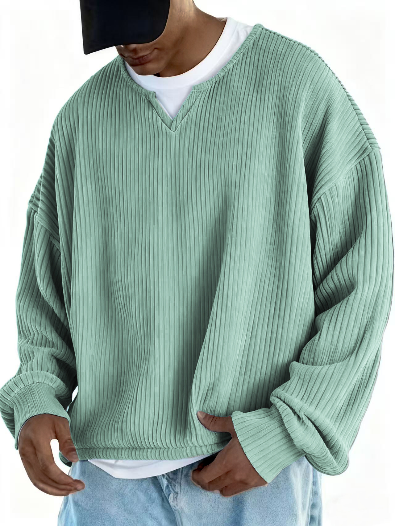Men's V-neck Notch Collar Ribbed Long-sleeved Pullover