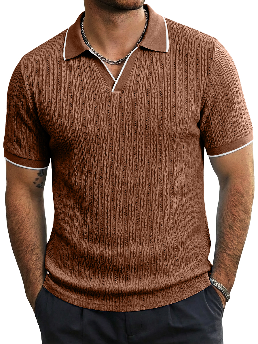Men's Fashion Casual Jacquard-Knit Short-Sleeve Top with Seagull Collar