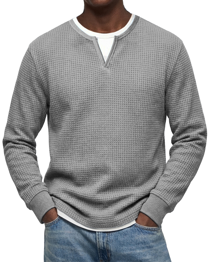 Men's Casual Urban  V-neck Faux Two-Piece Waffle Knit Crew Neck Long-Sleeve T-Shirt