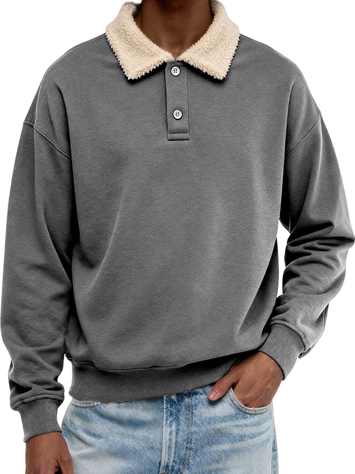 Men's Casual Sherpa Patchwork Collar Christmas Button-down Polo Shirt