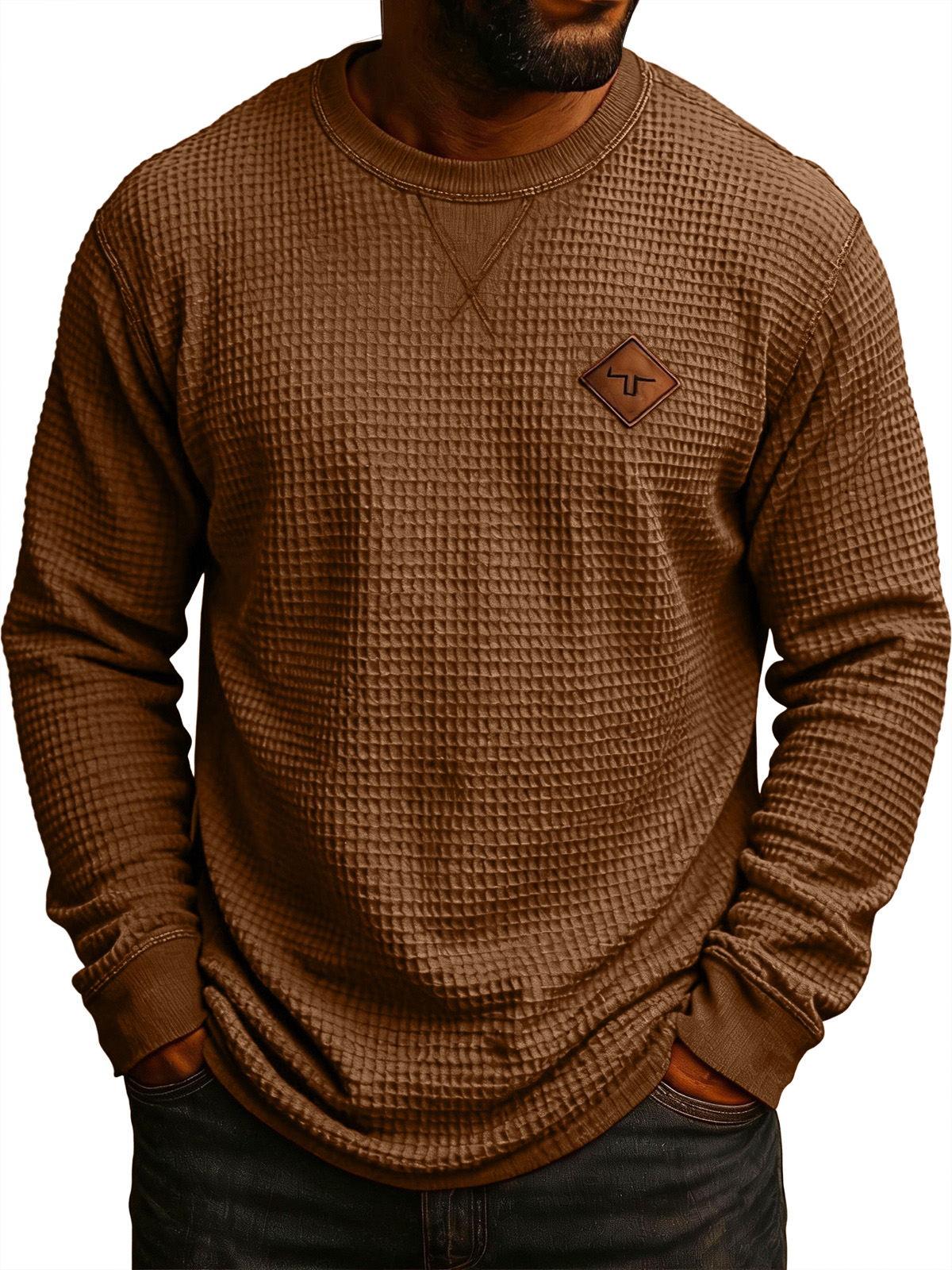 Men's Vintage Workwear Waffle Knit Embroidered Logo Crew Neck Long-Sleeve T-Shirt