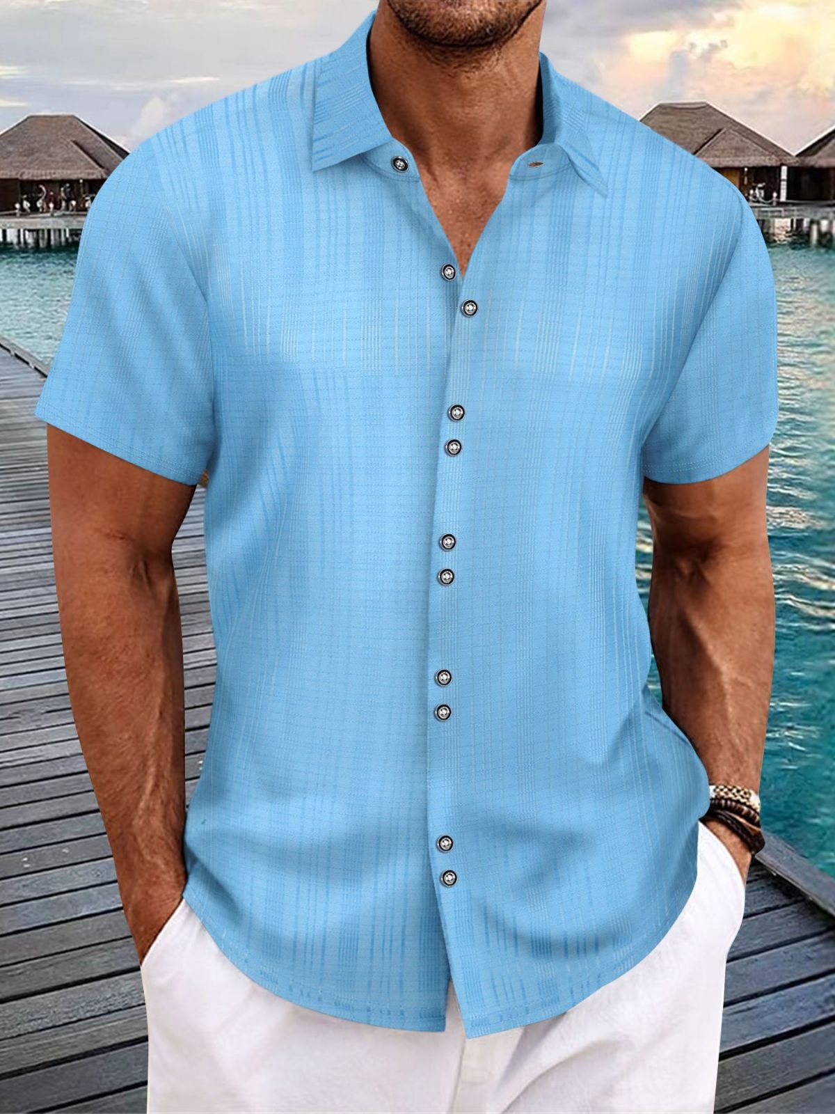Men's Slubbed Linen Texture Beach Casual Multi-Button Loose Short Sleeve Shirt