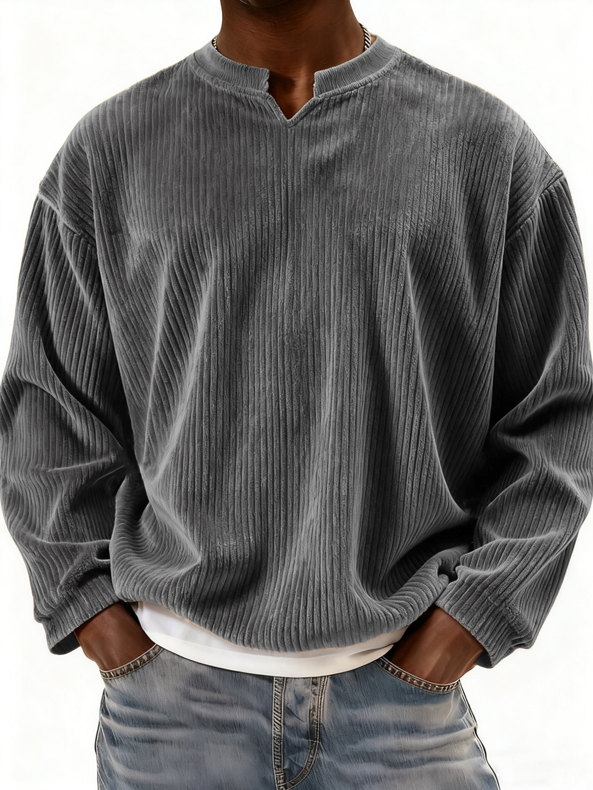 Men's V-neck Notch Neck Stylish Corduroy Long-sleeved Pullover