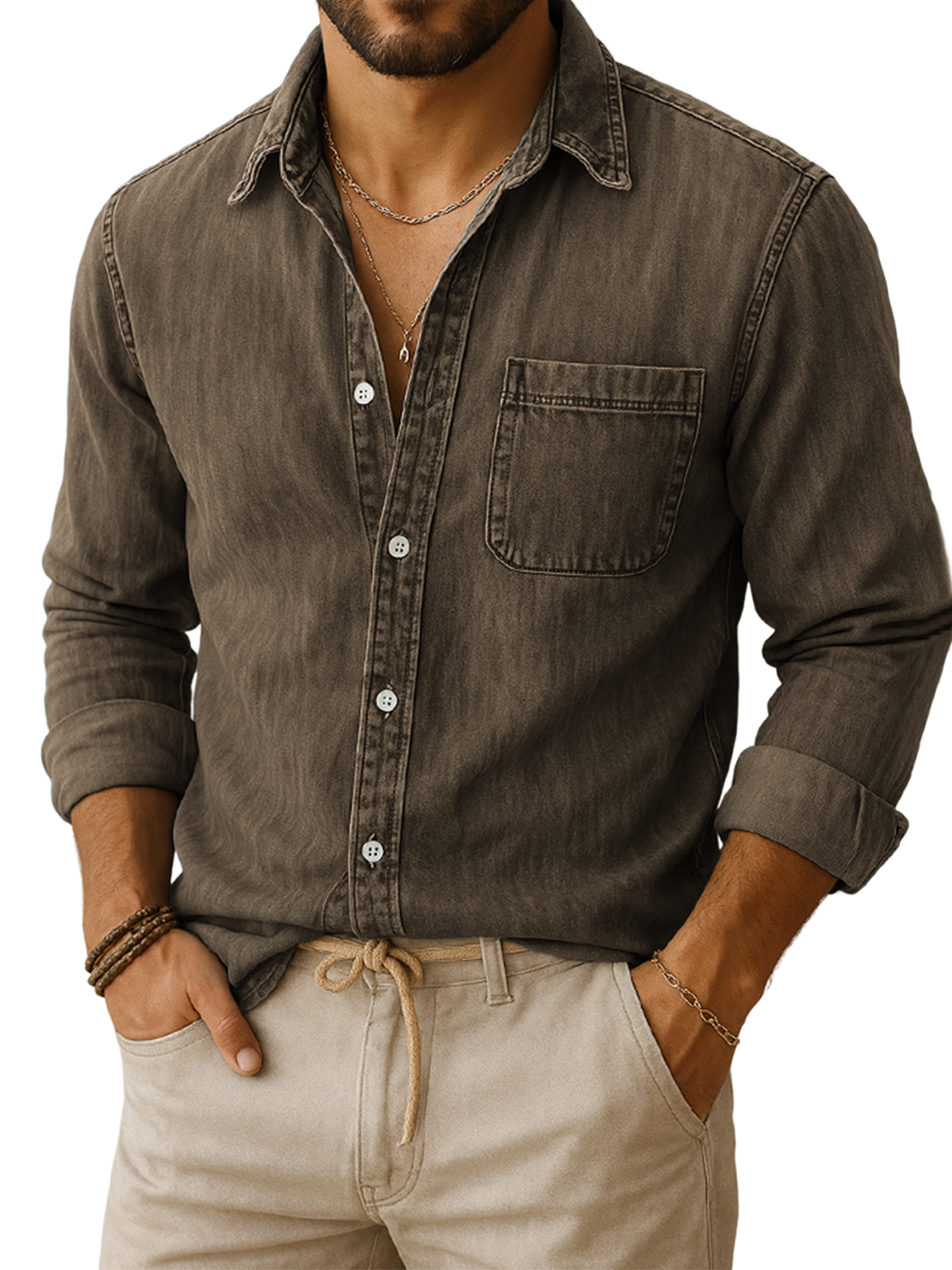 Men's Vintage Casual Everyday Long-sleeved Shirt With Chest Pocket