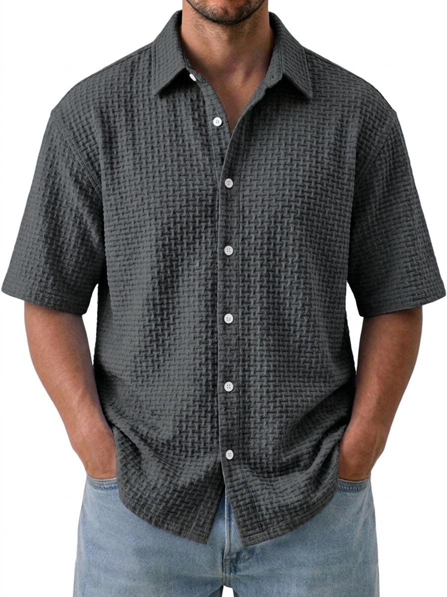 Men's Casual Comfortable Jacquard Textured Ice Silk Short Sleeve Shirt