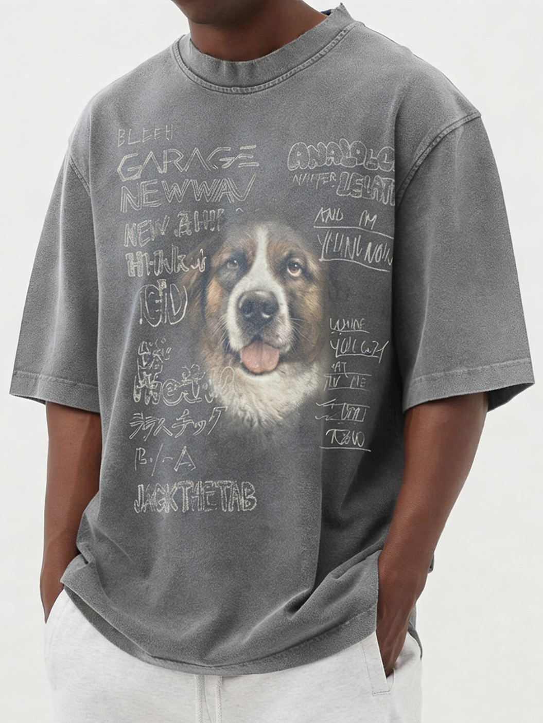 Men's Washed & Distressed Pure Cotton Dog-Print T-Shirt