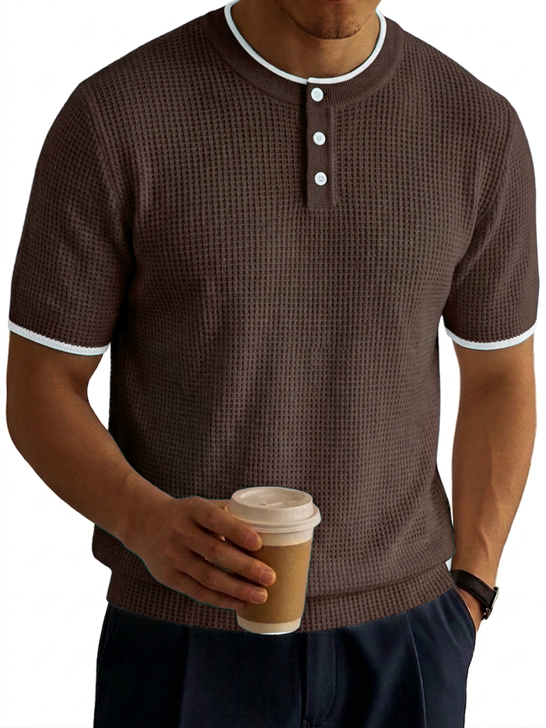 Color-Block Waffle-Knit Basic Casual Henley Shirt
