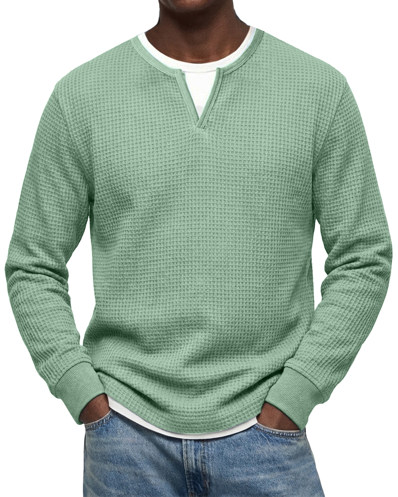 Men's Casual Urban  V-neck Faux Two-Piece Waffle Knit Crew Neck Long-Sleeve T-Shirt