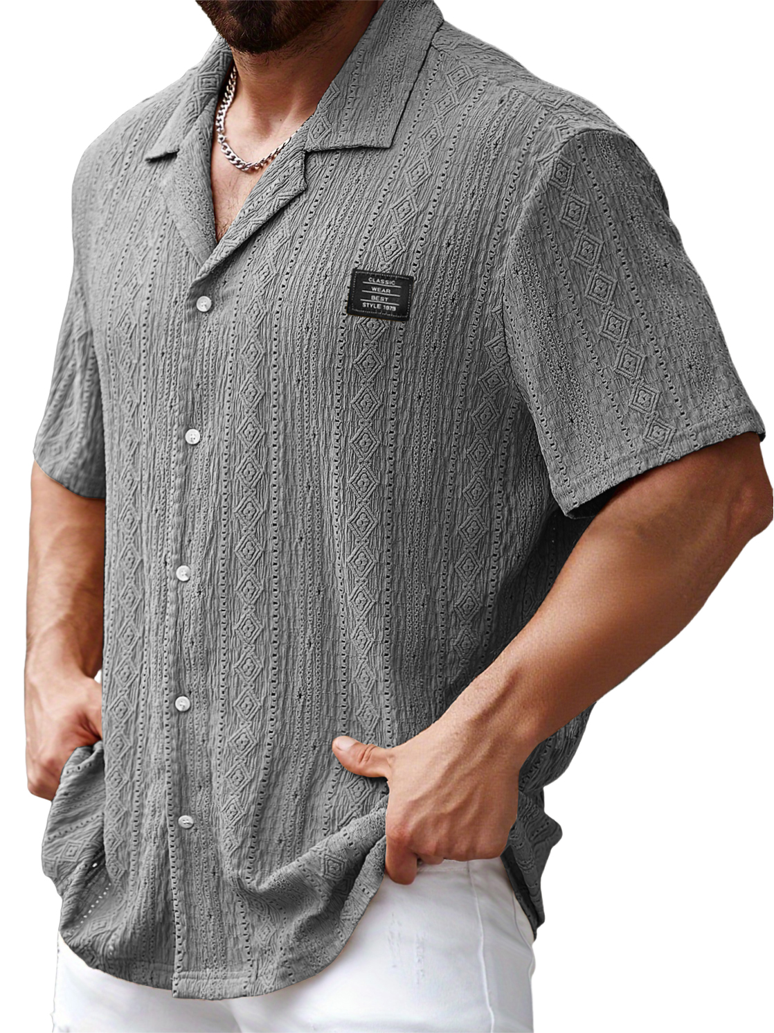 Men's Lapel Daily Jacquard Texture Embroidered Logo Casual And Comfortable Short-sleeved Shirt