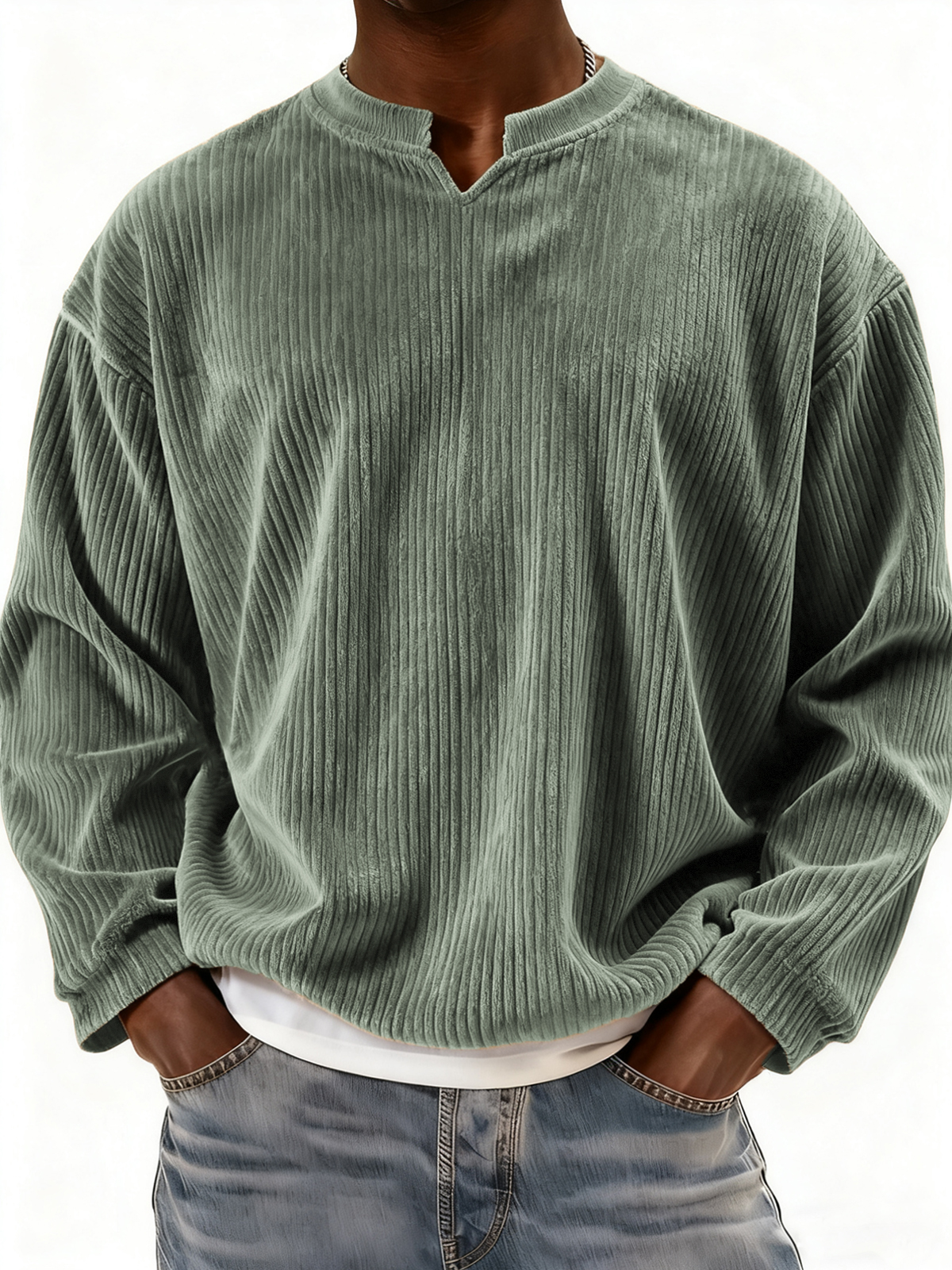 Men's V-neck Notch Neck Stylish Corduroy Long-sleeved Pullover