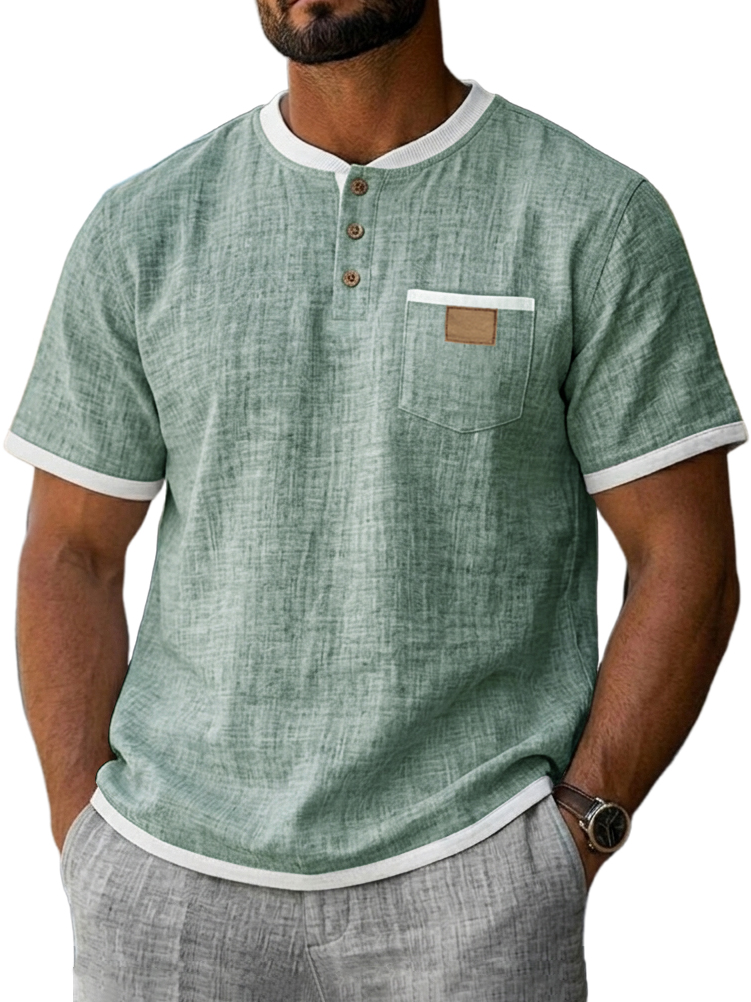 Men's Casual Breathable Linen Embroidered Logo Short-sleeved Henley Shirt