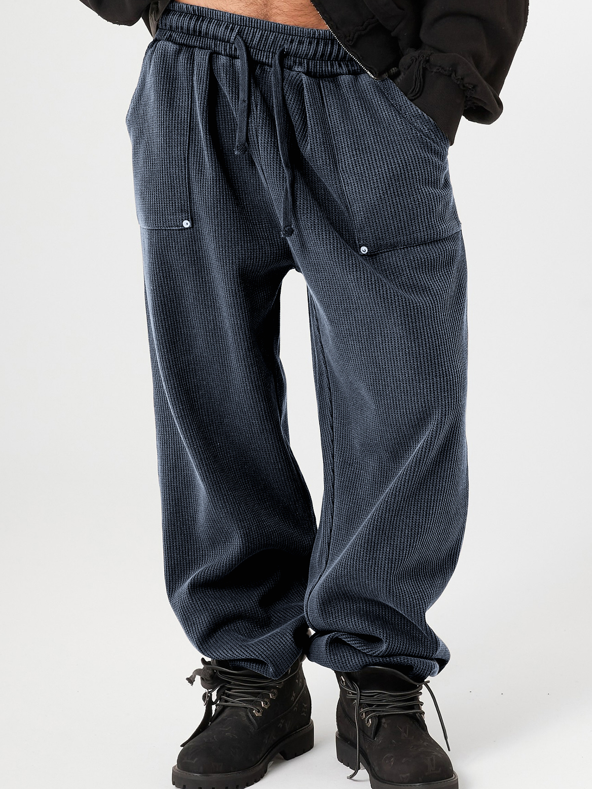 Men's Stylish Waffle-Knit Patchwork Design Baggy Pants