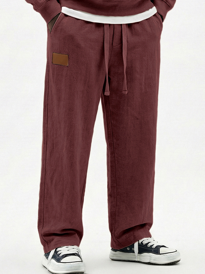 Men's Breathable Cotton-linen Textured Pants with Leather Embroidery Patchwork
