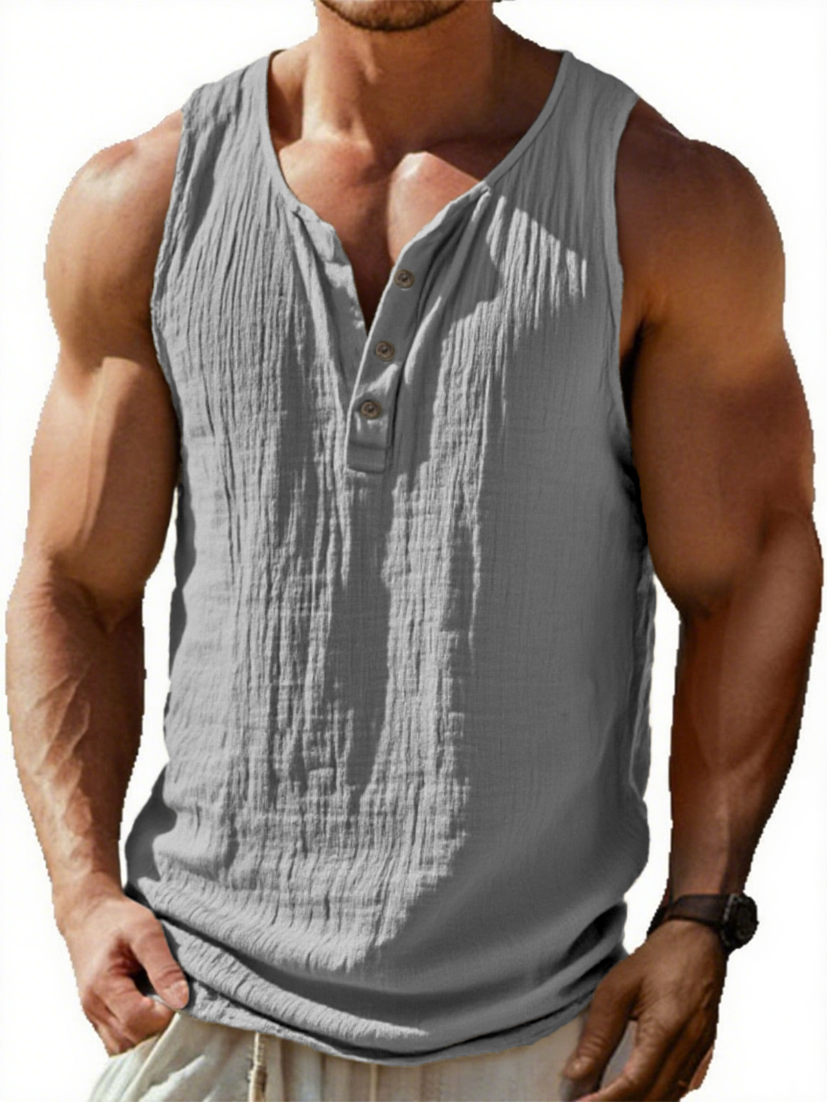 Men's Vintage Sleeveless Pleated Textured Three Button Henley T-Shirt