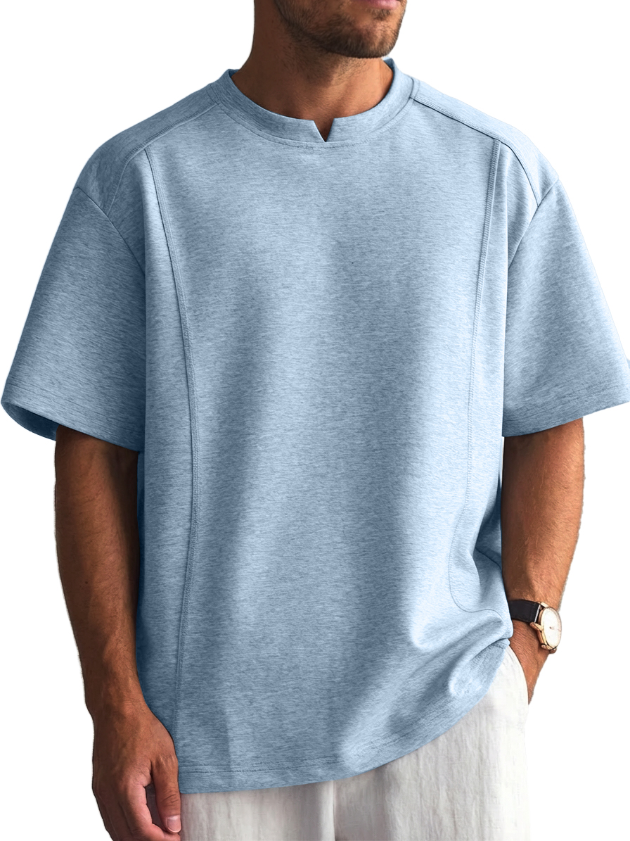 Men's Solid Color Deconstructed Short Sleeve T-Shirt with Shallow V-Neck