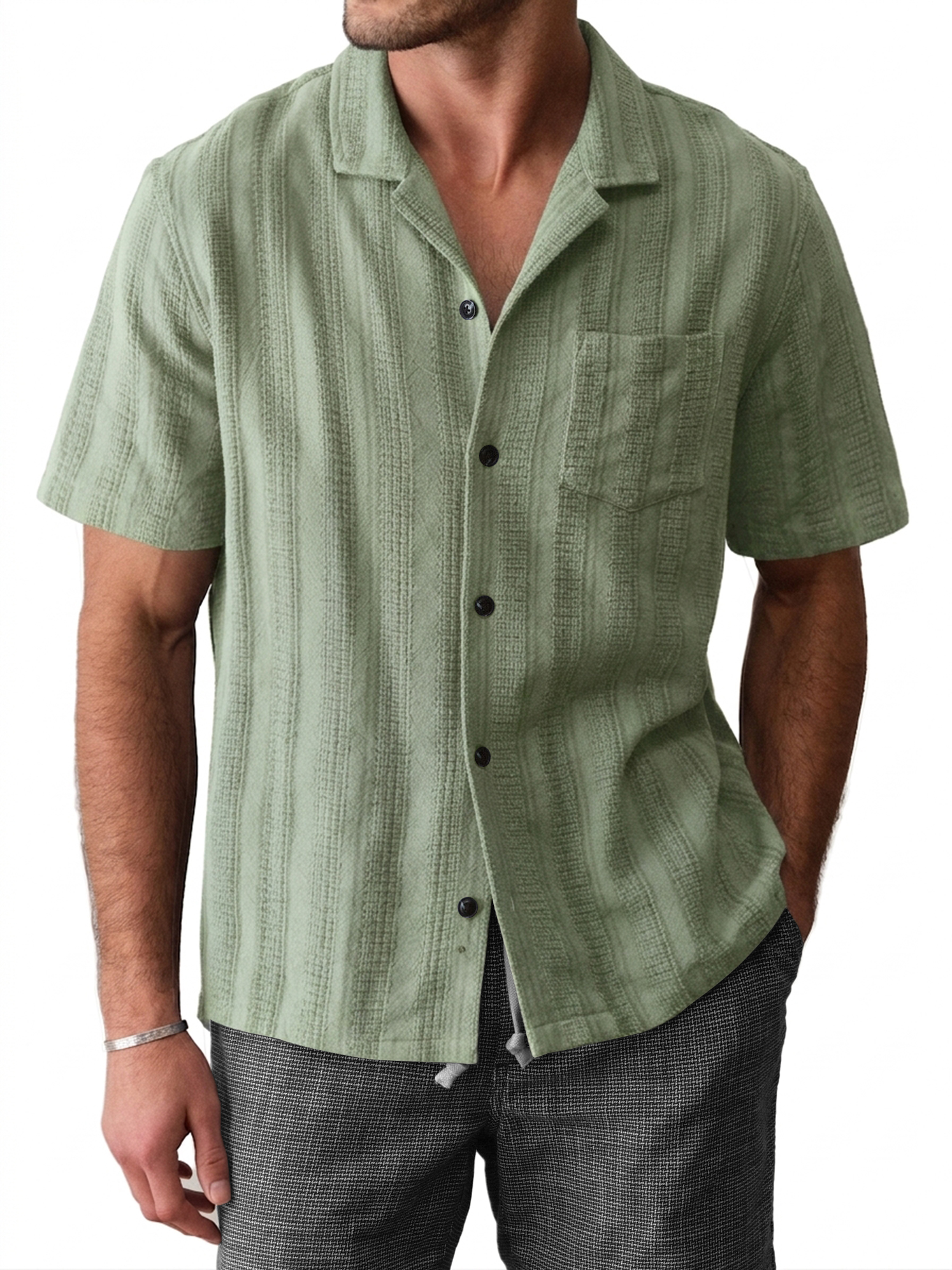 Men's Casual Breathable Comfortable Textured Jacquard Cuban Collar Shirt