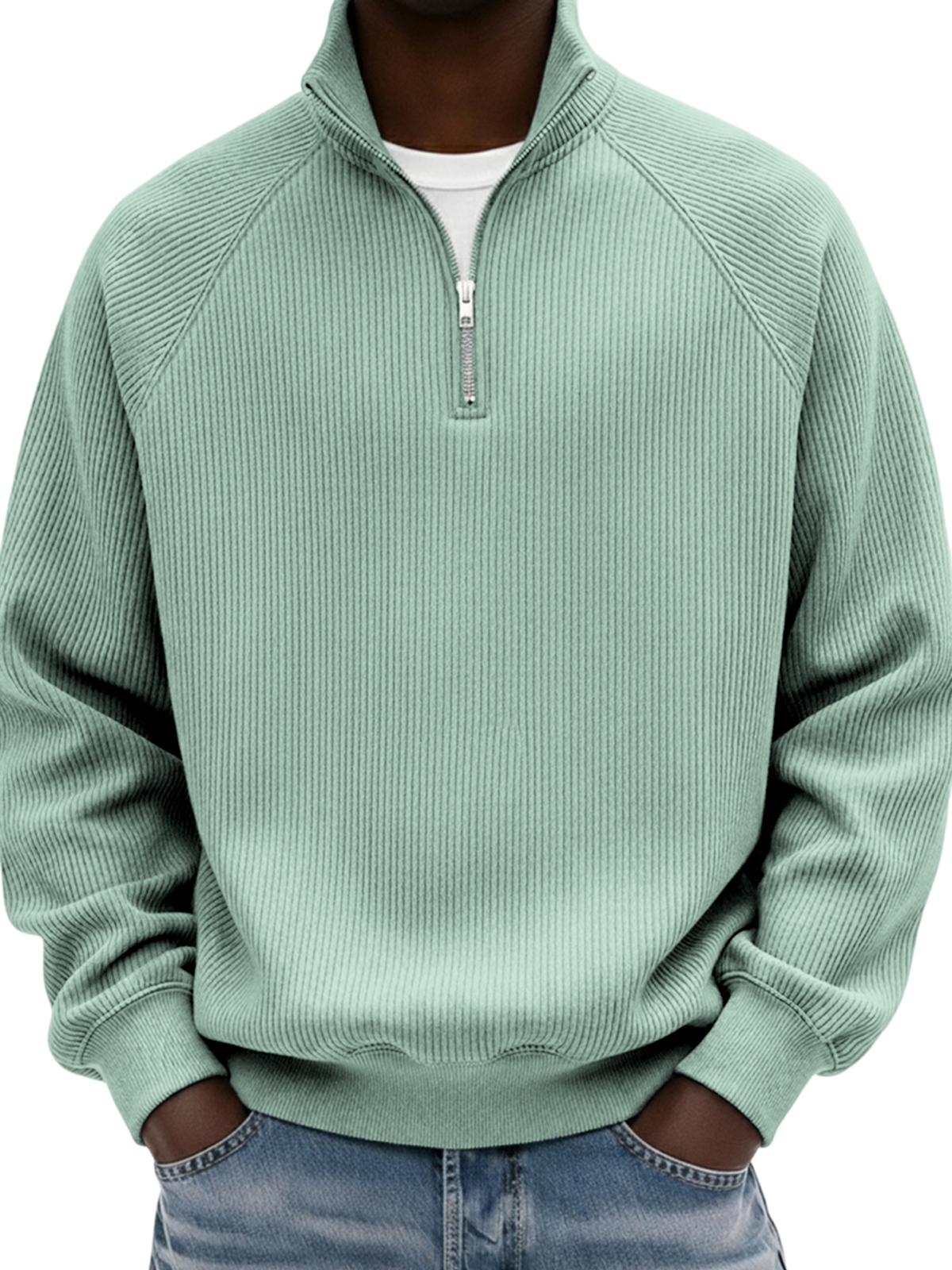 Men's Simple Ribbed Raglan Sleeve Quarter-zip Polo Shirt