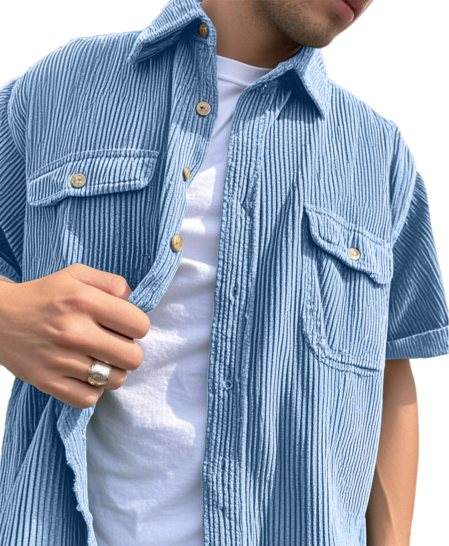 Men's Fashion Double-pocket Retro Corduroy Workwear Casual Short-sleeved Shirt