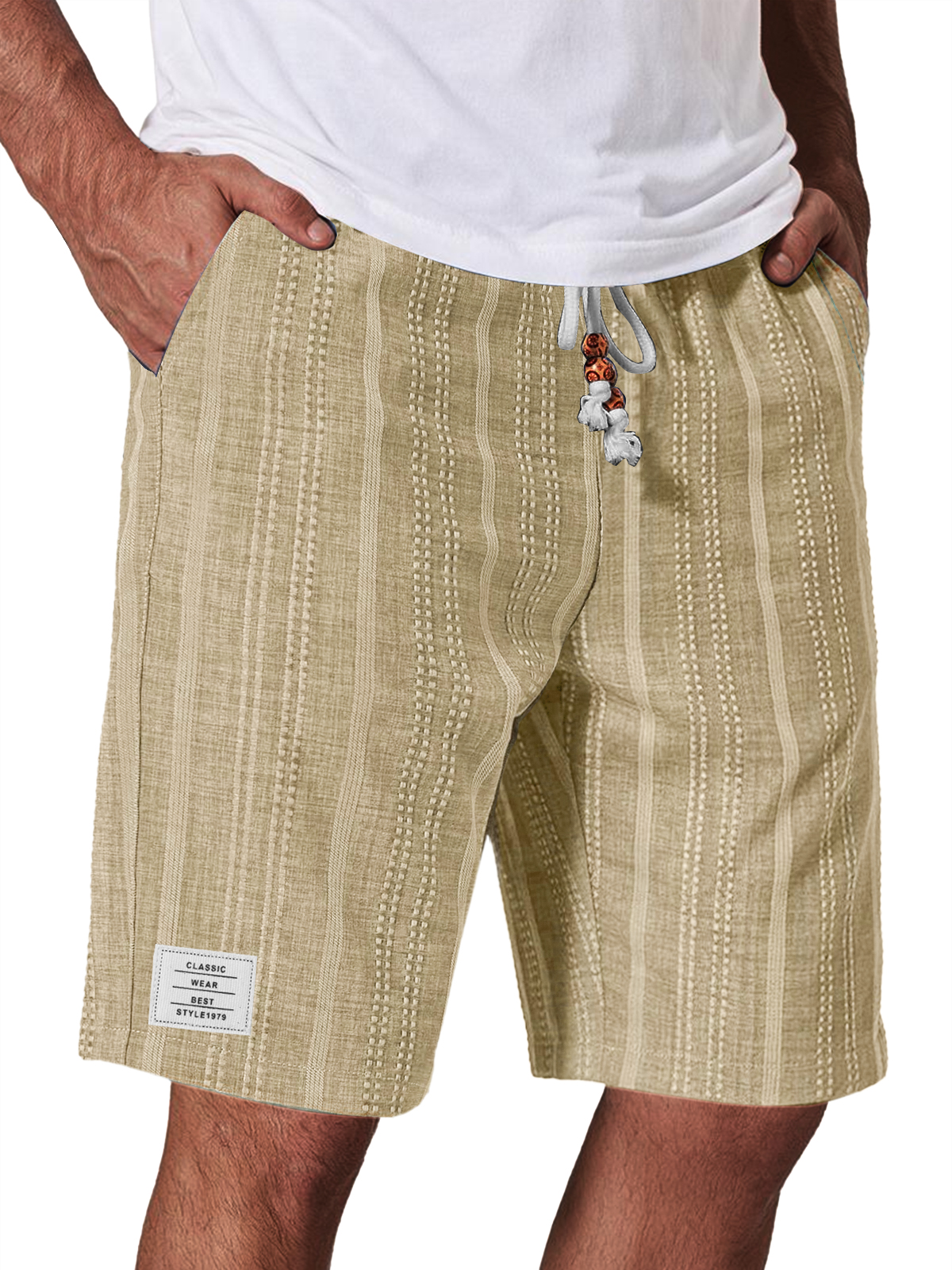 Men's Casual Linen Jacquard Striped Textured Elastic Waist Shorts