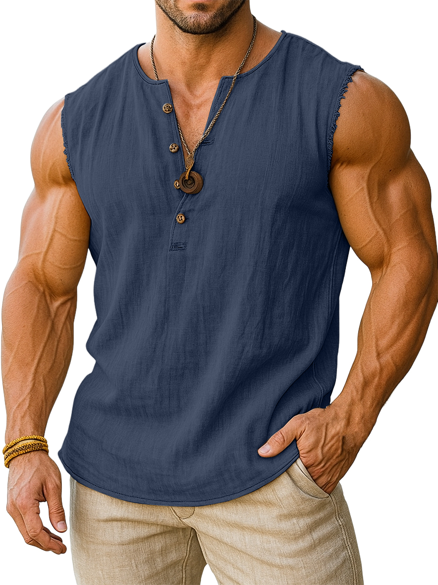 Men's Retro Cotton And Linen Sleeveless Henley Button-down T-shirt