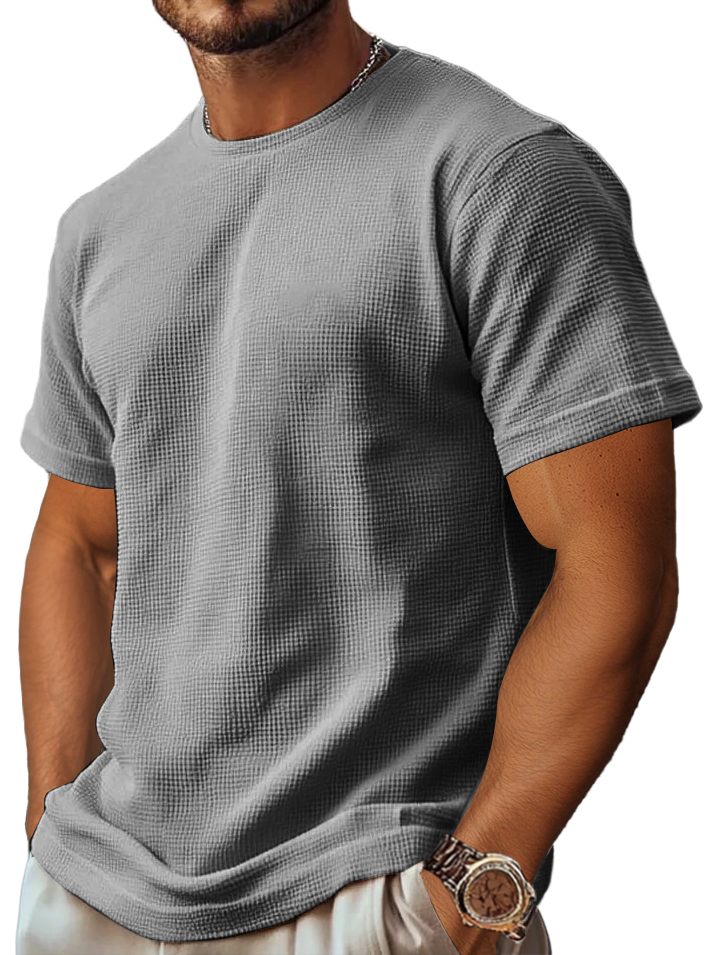 Men's Retro And Stylish Waffle Fabric With A Comfortable, Basic Straight-shoulder Slim-fitting T-shirt
