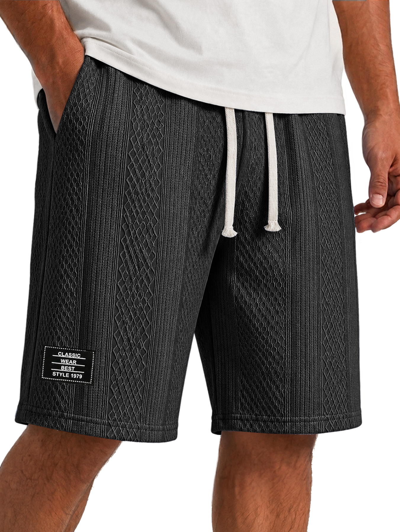 Men's Solid-Color Casual Shorts with Textured Embroidered Logo and Elastic Waist