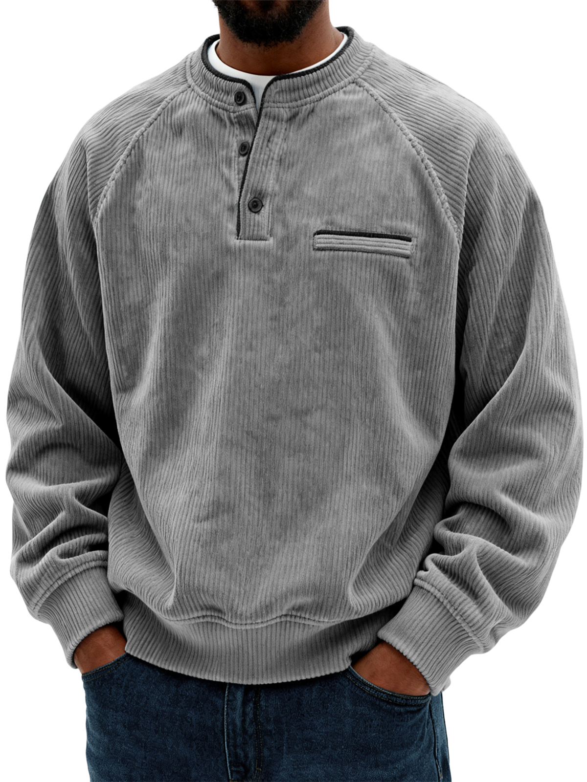 Men's Retro Fashion Corduroy Contrast Pocket Detail Long-Sleeve Sweatshirt