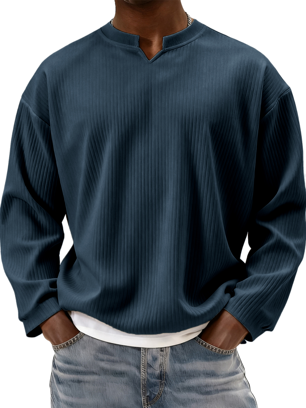Stylish V-notch Neck Ribbed Textured Long-sleeved T-shirt