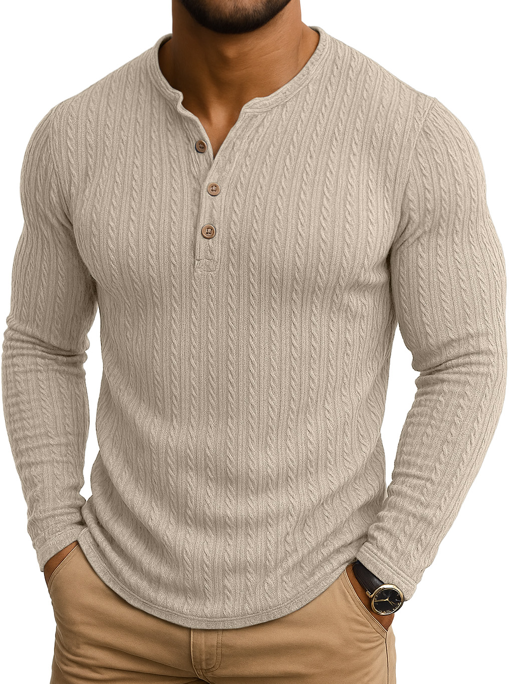 Vintage Striped Jacquard Henley Collar Long-sleeved T-shirt