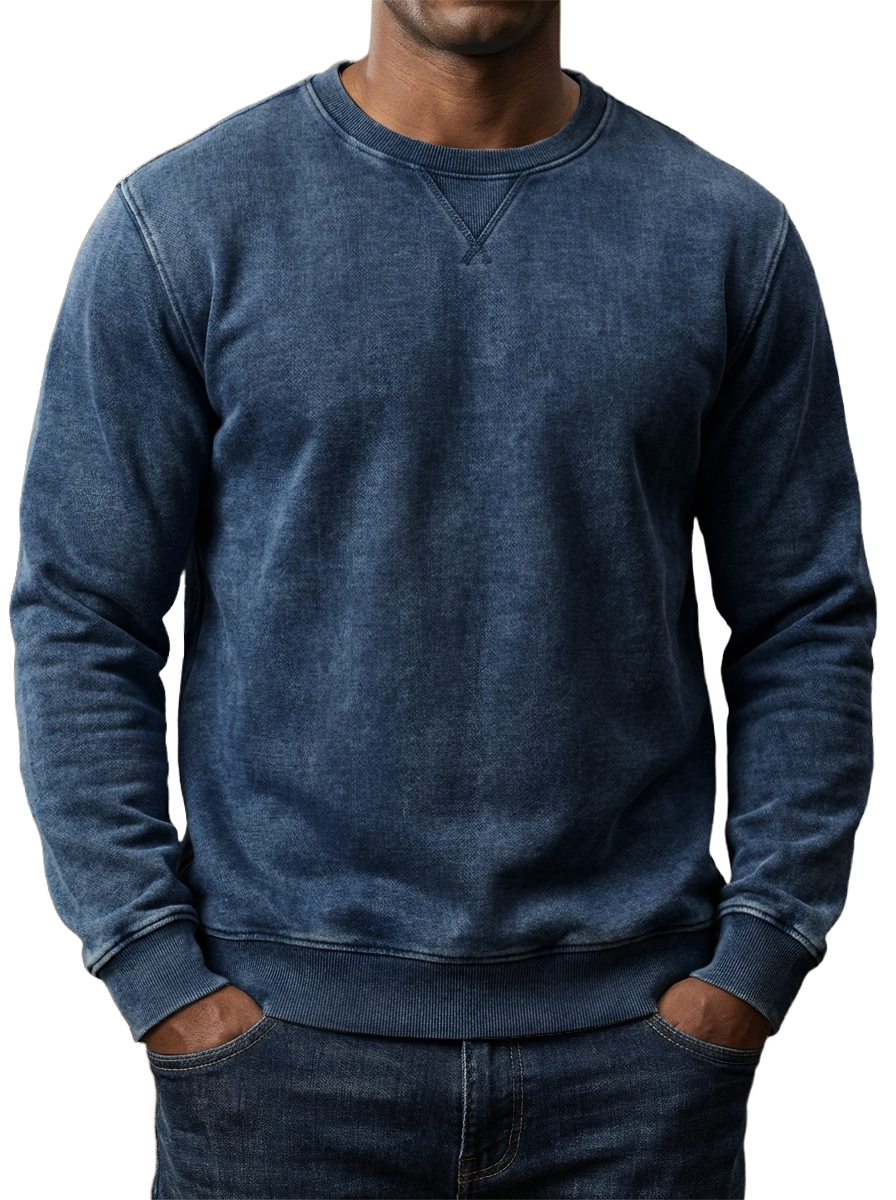 Men's Washed and Distressed Cotton Retro Crew Neck Long-Sleeve Sweatshirt