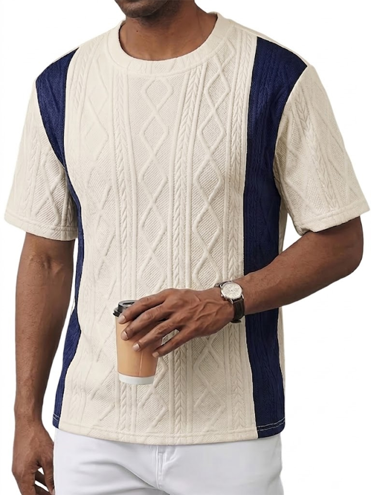 Men's Color Block Jacquard Textured Pullover Crew Neck T-Shirt