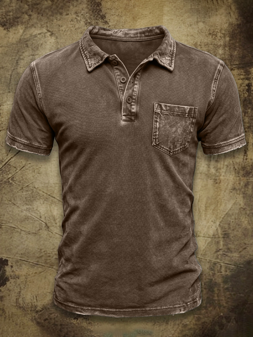 Men's Vintage Washed & Distressed Cotton Pocket Polo Shirt