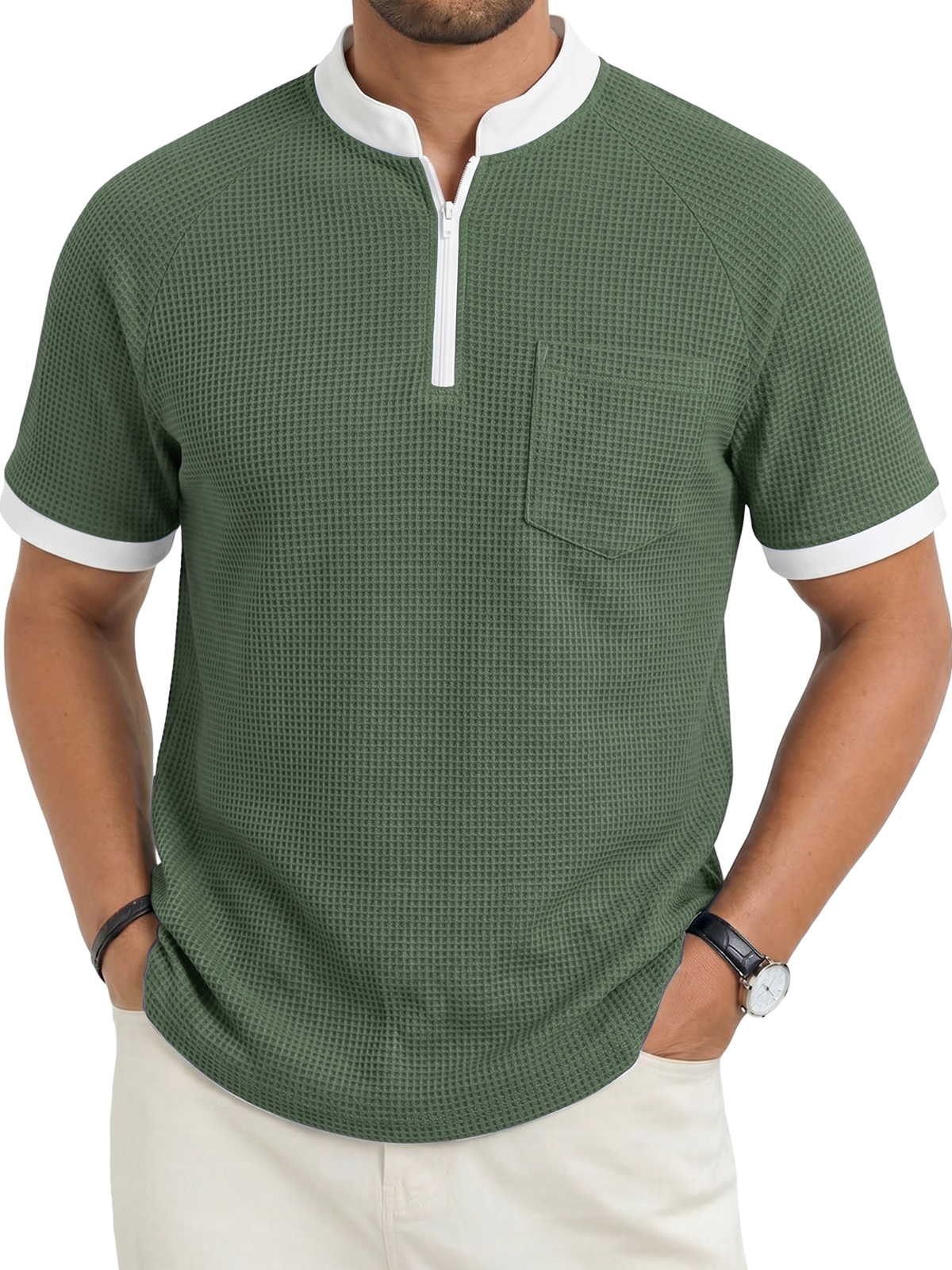 Men's Fashion Casual Stand Collar Zipper Waffle Fabric Pocket Short-Sleeve Top