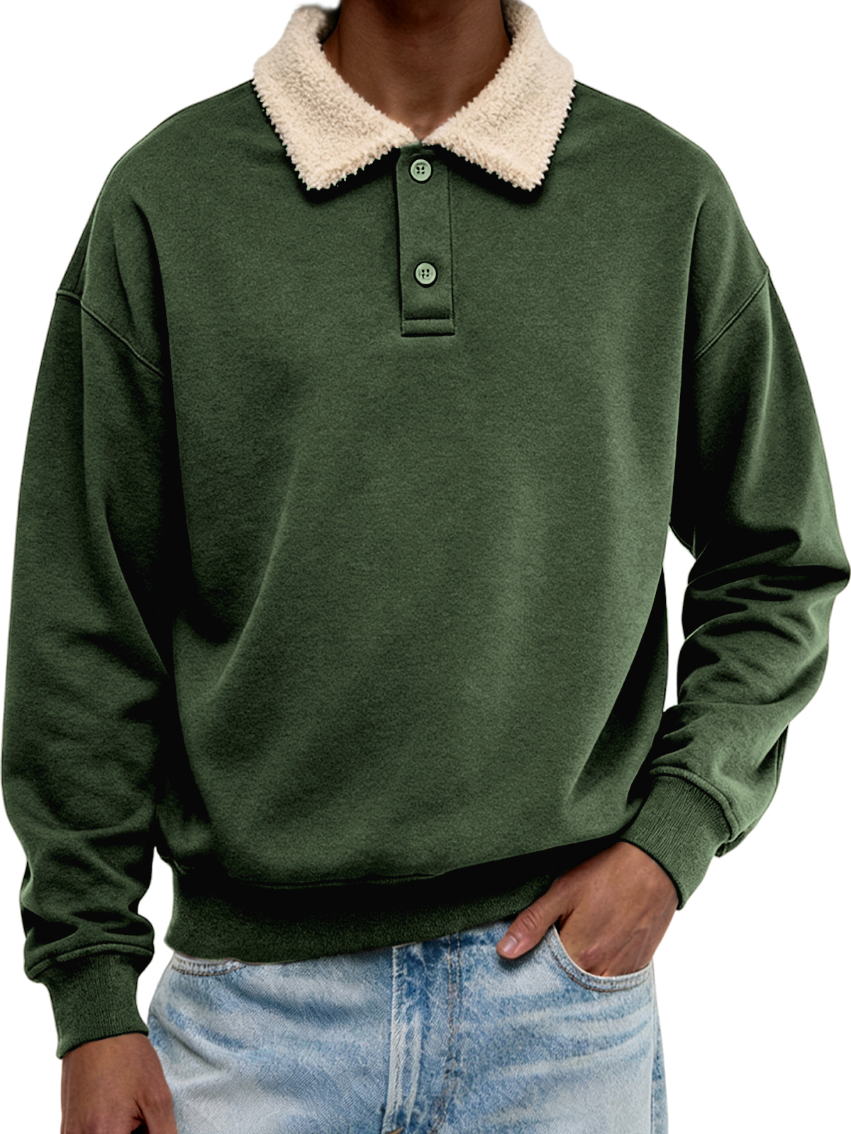 Men's Casual Sherpa Patchwork Collar Christmas Button-down Polo Shirt