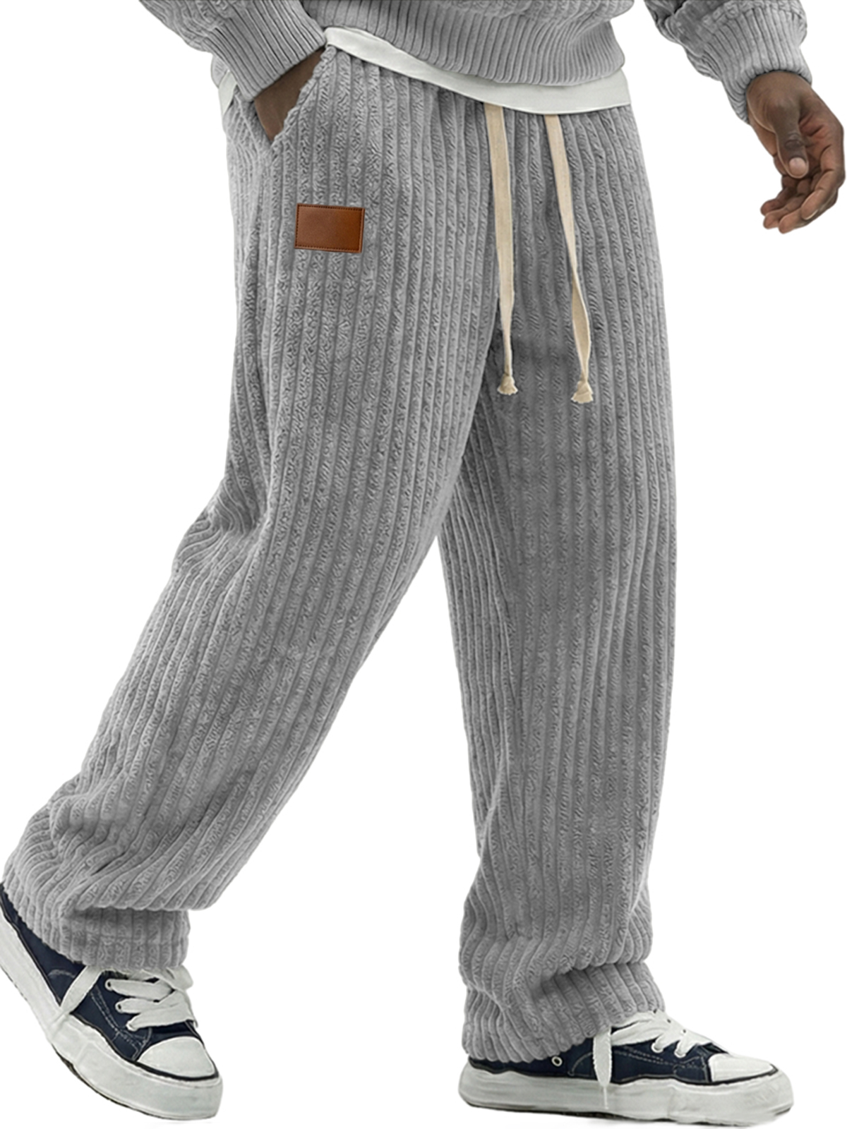 Men's Simple Soft Corduroy Pants with Leather Embroidery Patchwork