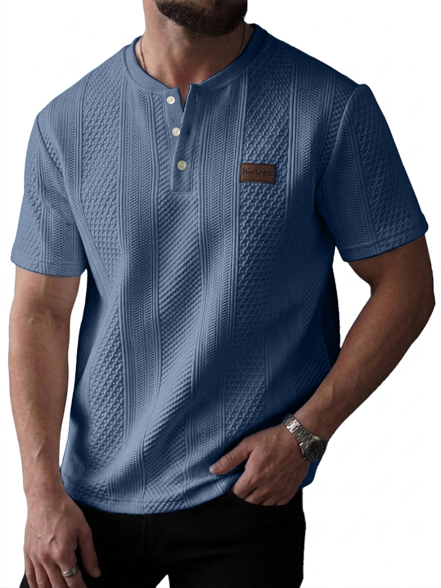 Men's Jacquard-Striped Short Sleeve Henley Top