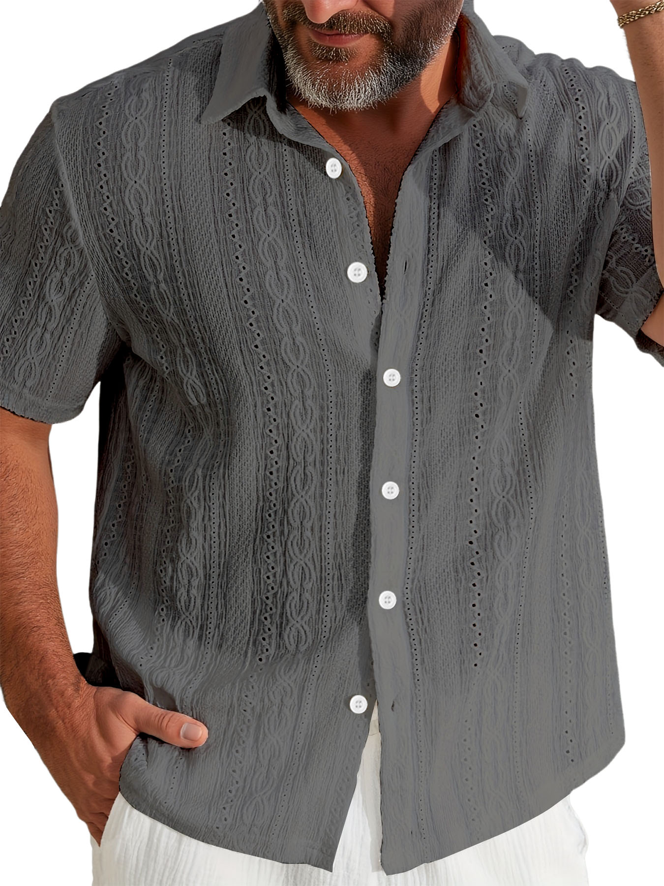 Men's Jacquard Lapel Casual Blue Short-sleeved Shirt