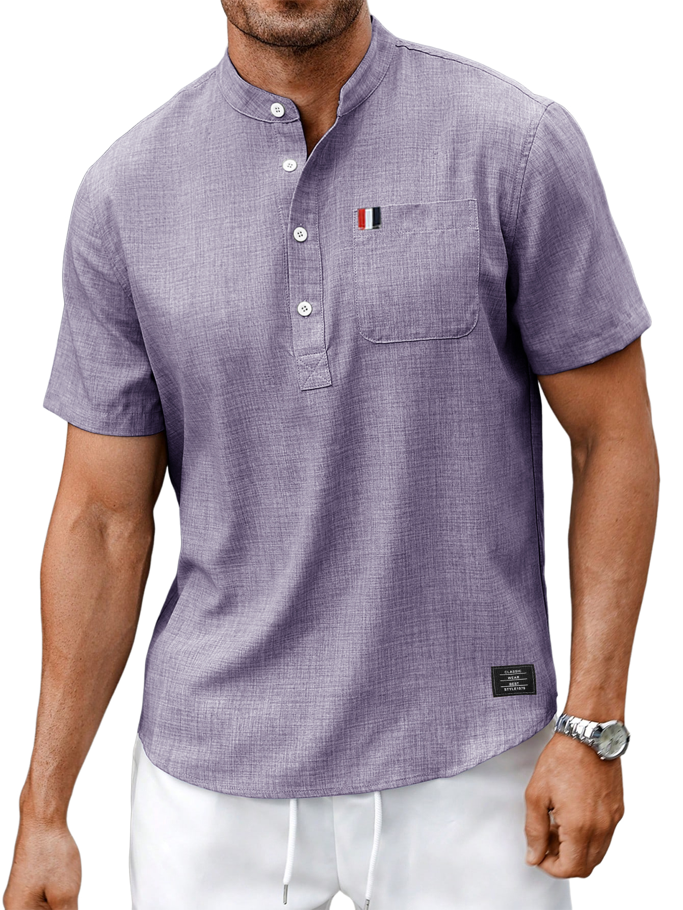 Men's Fashion Casual Cotton And Linen Logo Stand Collar Pocket Short Sleeve Shirt