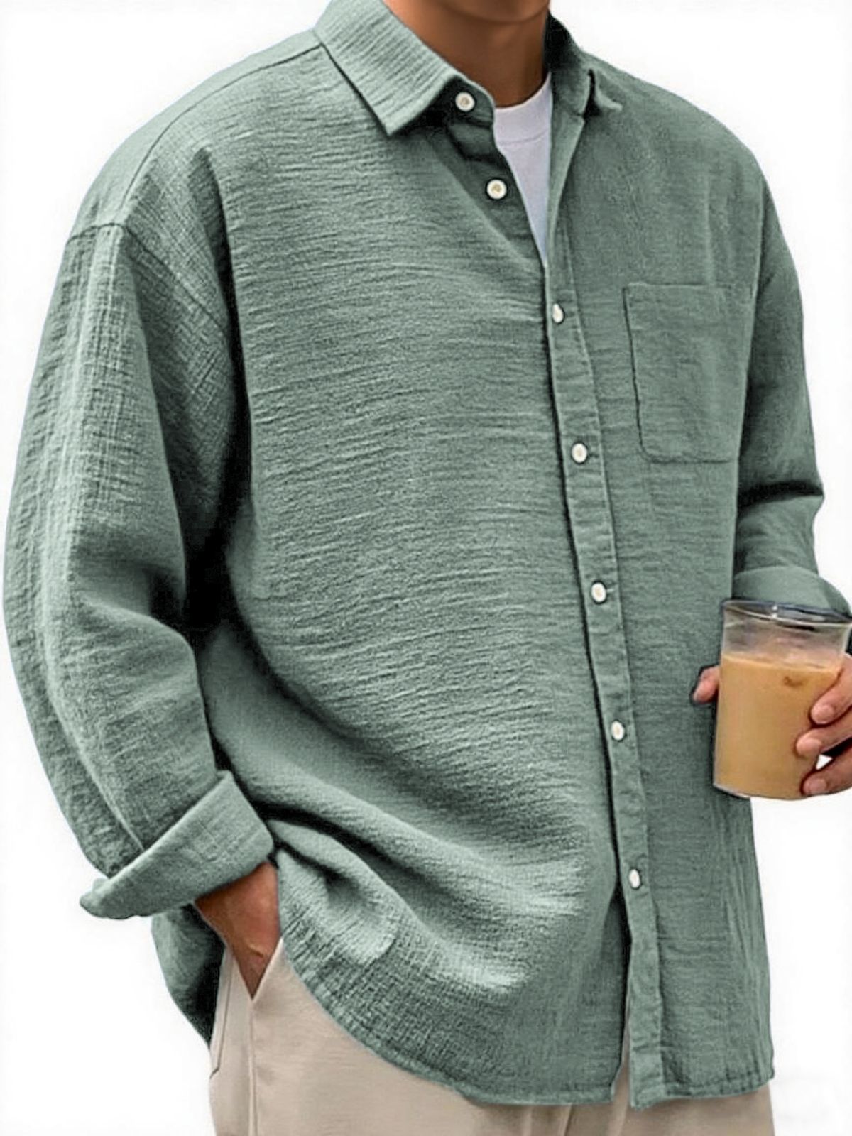 Men's Crinkled Linen Urban Casual Daily Long-sleeve Shirt with Chest Pocket