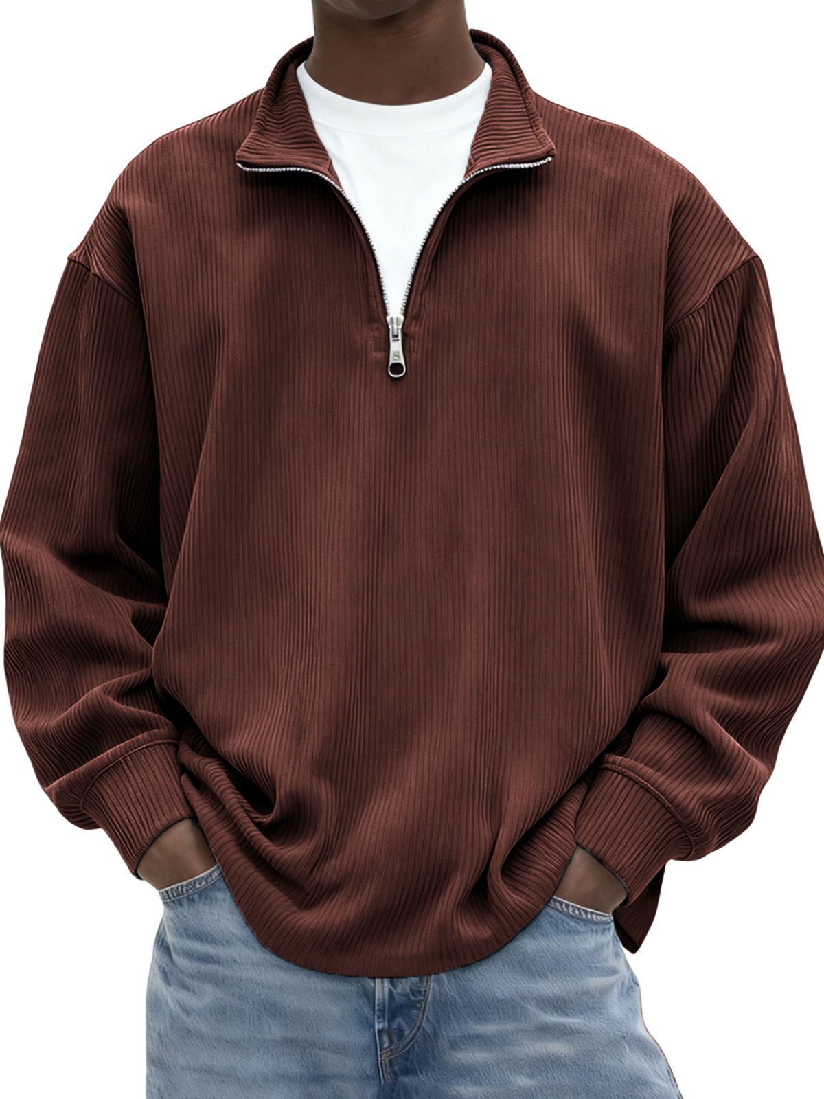 Men's Minimalist Ribbed Quarter Zip Long-sleeved T-shirt