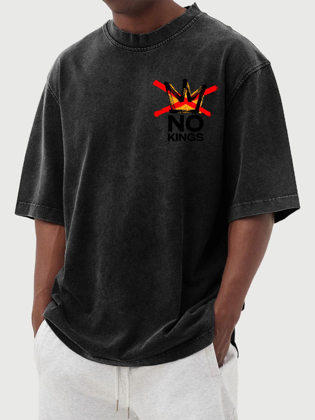 Men's 100% Cotton Washed And Distressed Vintage No Kings Print T-shirt