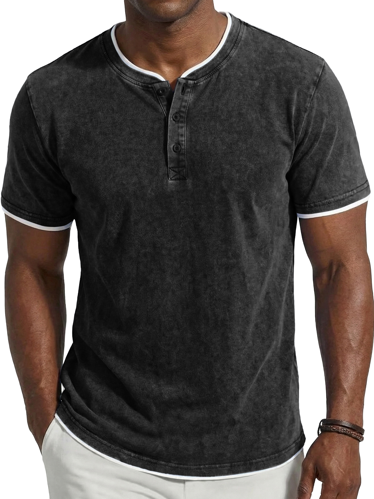 Men's Vintage Washed & Distressed Faux Layered Henley Short-Sleeve Top