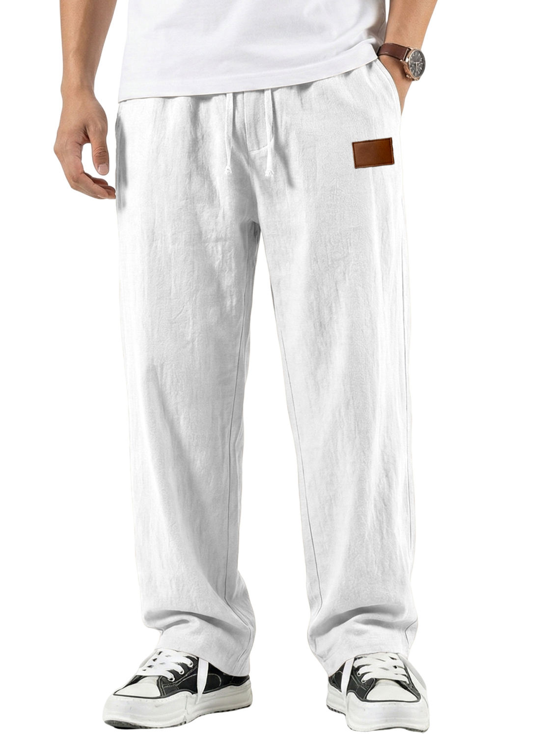 Men's Comfort Cotton-linen Breathable Pants with Embroidered Leather Labels