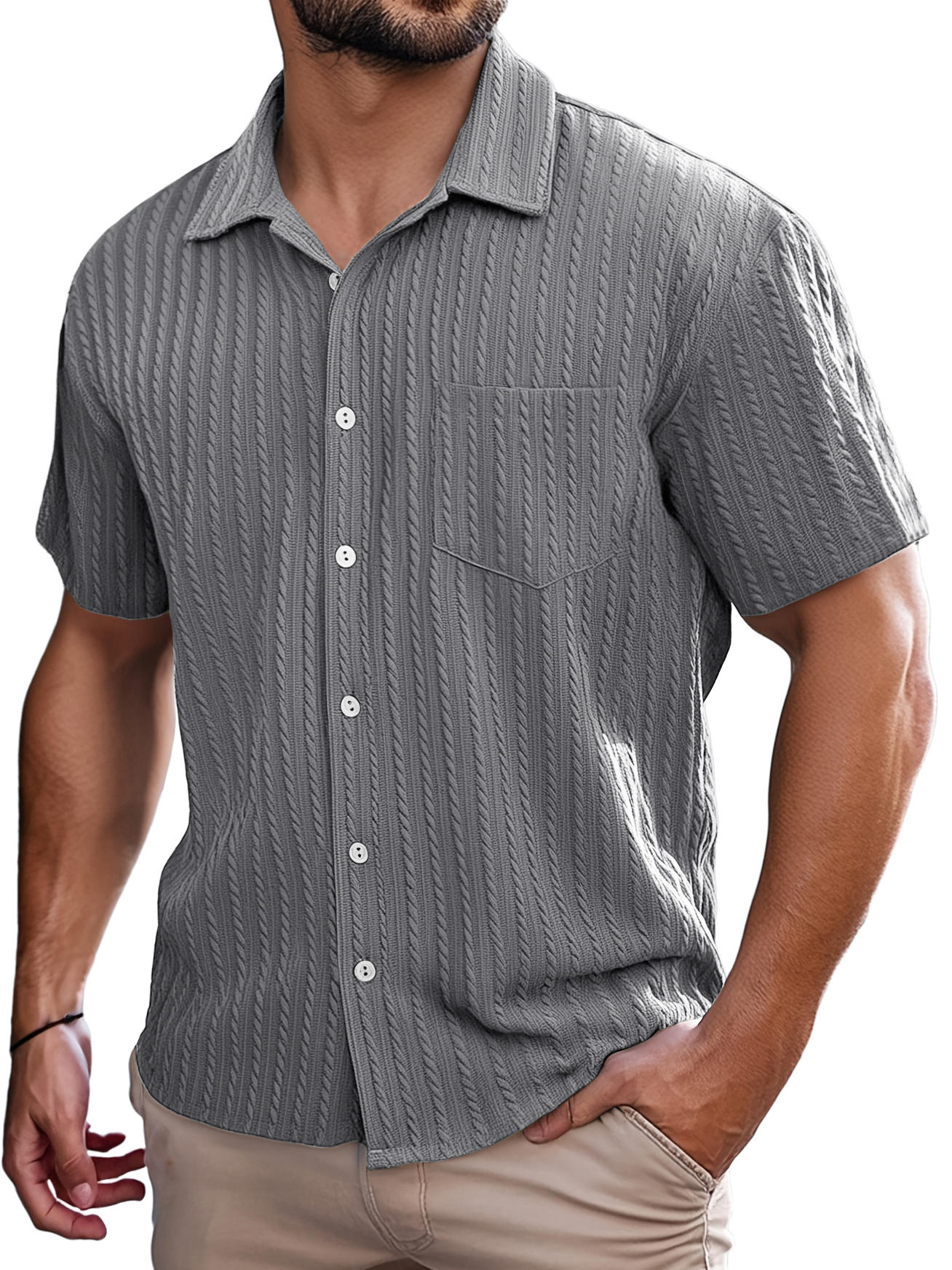 Men's Retro Casual Striped Jacquard Pocket Short-sleeved Shirt