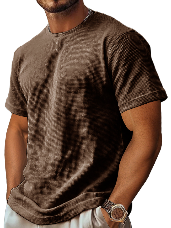 Men's Retro And Stylish Waffle Fabric With A Comfortable, Basic Straight-shoulder Slim-fitting T-shirt