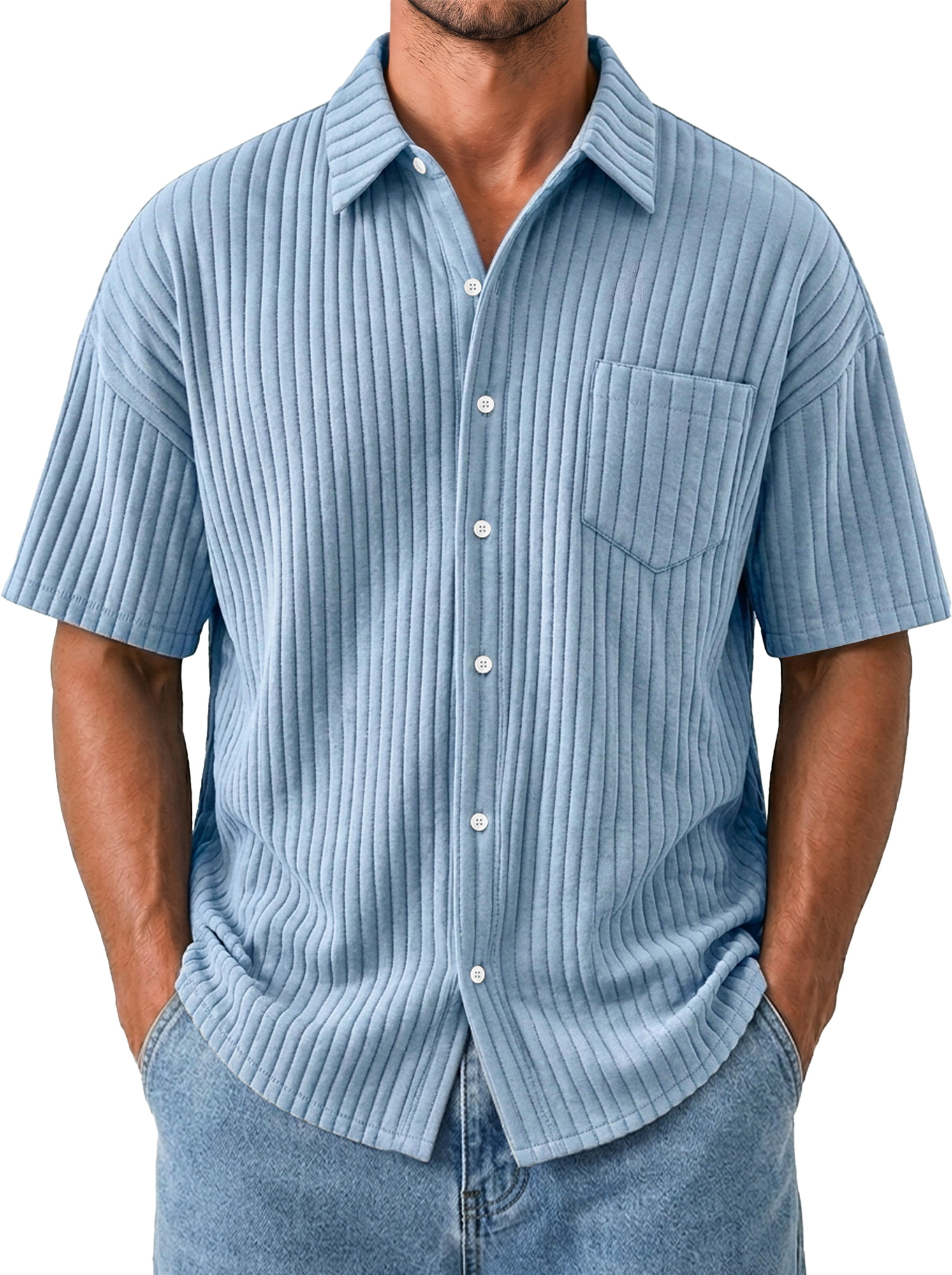 Men's Casual Solid-Color Short-Sleeve Shirt with Wide Ribbing